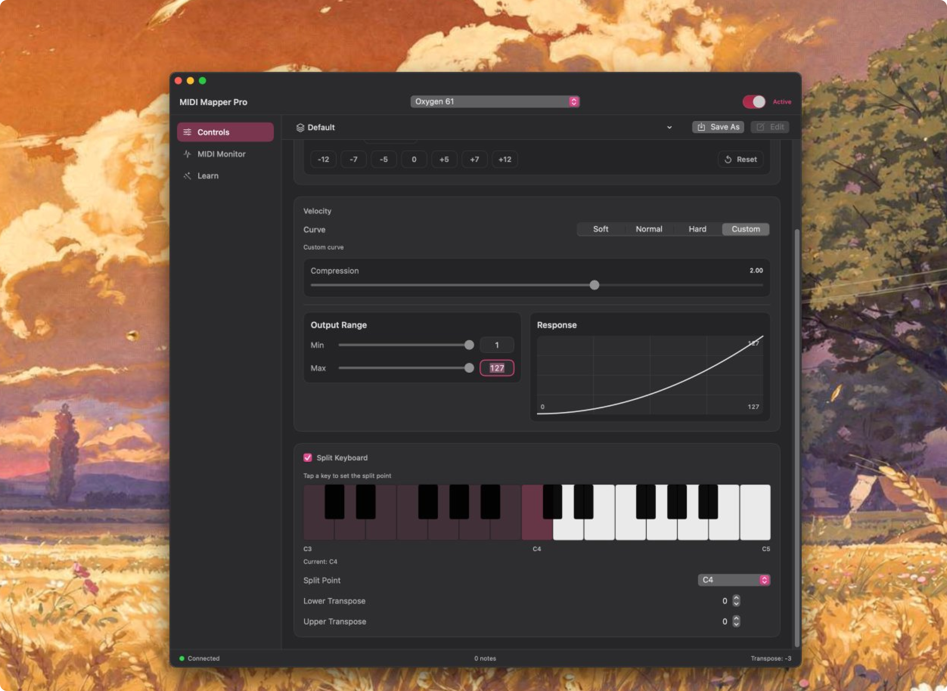 MIDI Mapper Pro controls tab showing transpose buttons, velocity curve, and split keyboard